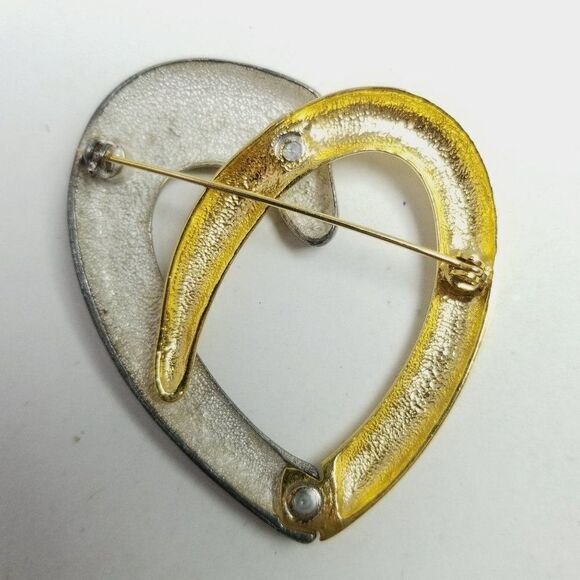 Vintage Two Tone Heart Shape Brooch, Silver Tone and Gold Tone Modern Design Pin - Picture 2 of 5